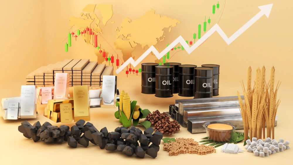 Various commodities with financial growth graph and world map.