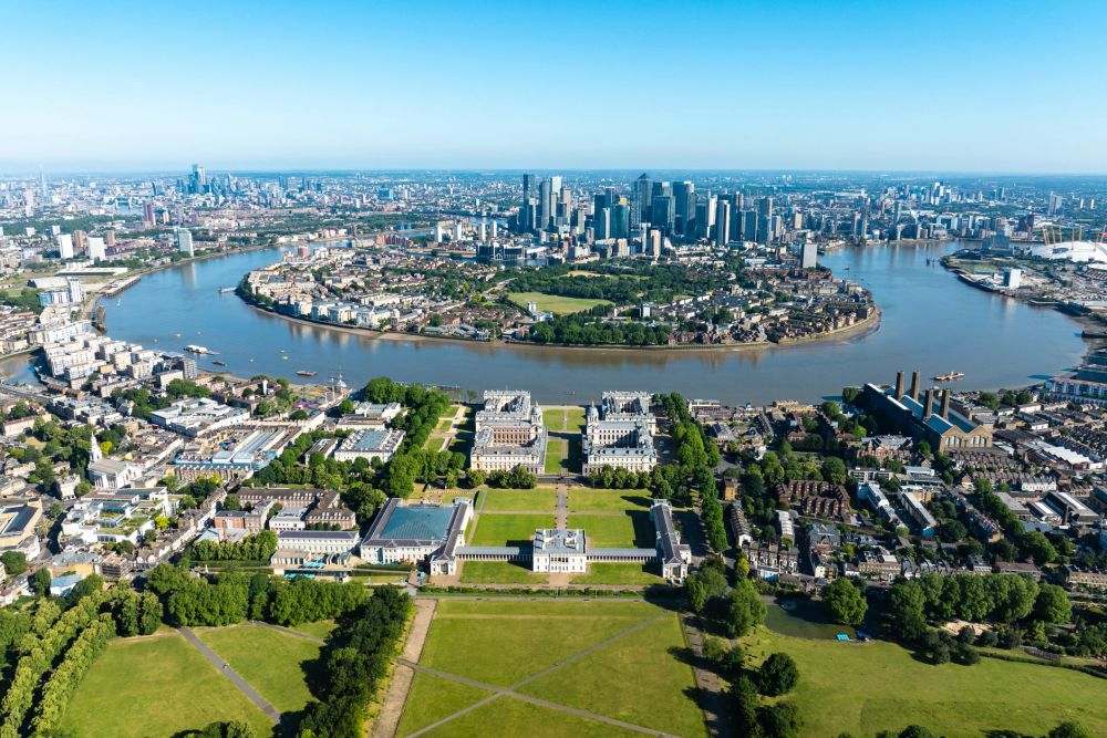 Aerial view of London with Greenwich and Canary Wharf.